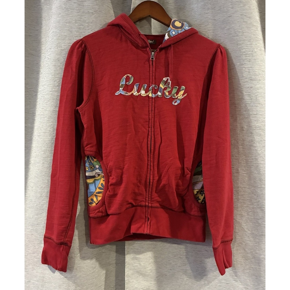 Vintage Lucky Brand Graphic Print Zip Front Hoodie Jacket Size Small